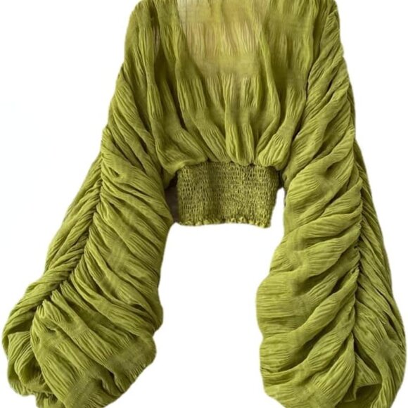 Fashionable Loose Fit Green Lace Blouse with Bell Sleeves for Any Occasion - Picture 1 of 6